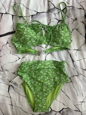 DAZE DAYZ Floral Bikini Set Green High Waist Perry Brief + Top NWT Size